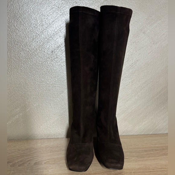 Cole Haan Y2K Size 7B Brown Suede Knee High Square Toe Kitten Stack Heel Boots - Picture 2 of 14